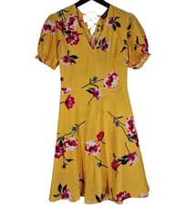 Pretty Little Thing Dress Size 12 Bright Yellow Pink Floral Short Sleeve Lace Up