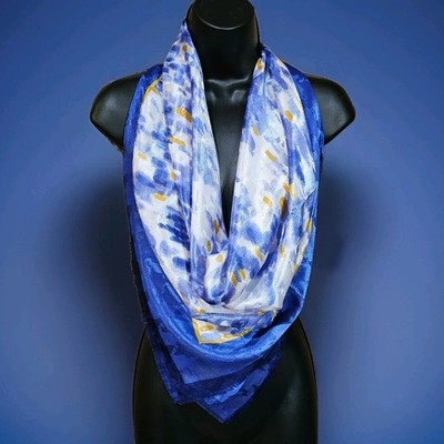Vintage Avon Anew Scarf  Blue White Yellow Abstract Art Square EUC 35''×35''