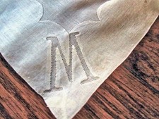 Vtg HankyHandmade Classic White-On-White Applique Monogram M Portugal Label 176
