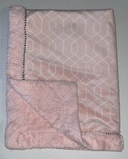 HTF JUST BORN PINK FAUX FUR MINKY with BLACK  WHITE TRIM BABY BLANKET C1