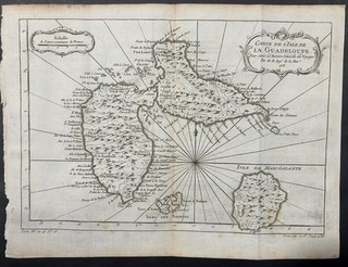 GUADELOUPE 1758 JACQUES NICOLAS BELLIN UNUSUAL ANTIQUE COPPER ENGRAVED MAP