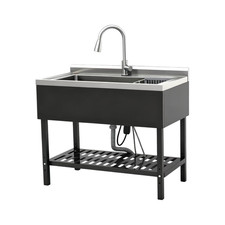 40" Utility Sink with Shelf Free Standing Stainless Steel Black Stand  Faucet