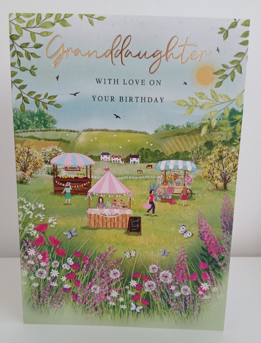 Granddaughter Birthday Card. Village Fete Scene. 23x15cm