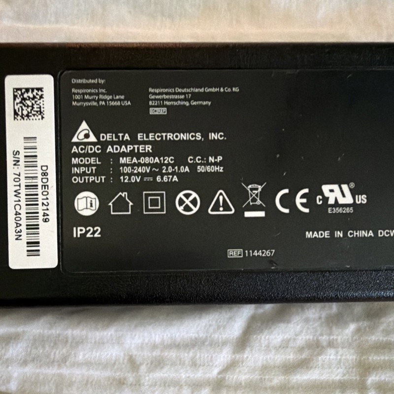 Delta Electronics AC/DC Adapter 12V 6.67A for Respironics, Black 1m MEA-080A12C