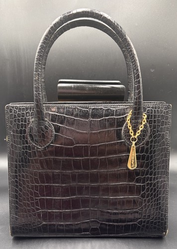 Vintage LANCEL Paris Black Croc-Embossed Leather Top Handle Bag Handbag 