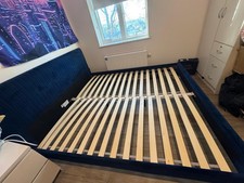 Luxury Navy Blue Velvet super King Size Bed Frame - Modern Fluted Design
