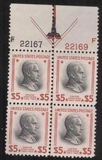 US, Scott #834, $5 Coolidge, MINT NH Arrow Block of 4 Stamps, original gum