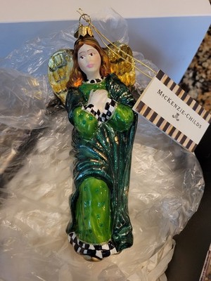 MacKenzie-Childs Emerald Luxe Angel Glass Ornament With Courtly Check NEW