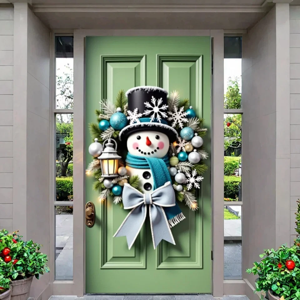 Merry Christmas Door Cover Snowman Wreath Lantern Design Hanging Banner Backd... - Image 4 of 4