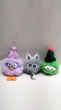 Lot Of 3 Fluffy Pom Pom Kitty Cat W Tail Duck Green Critter Keychain Bag Charm