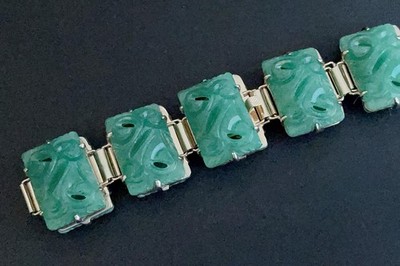 VINTAGE CHINESE EXPORT GILT SILVER CARVED JADE PANEL BRACELET ART DECO STYLE