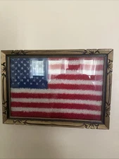 Vintage Latch Hook American Flag Framed Wall Hanging Red White Blue USA 4th July