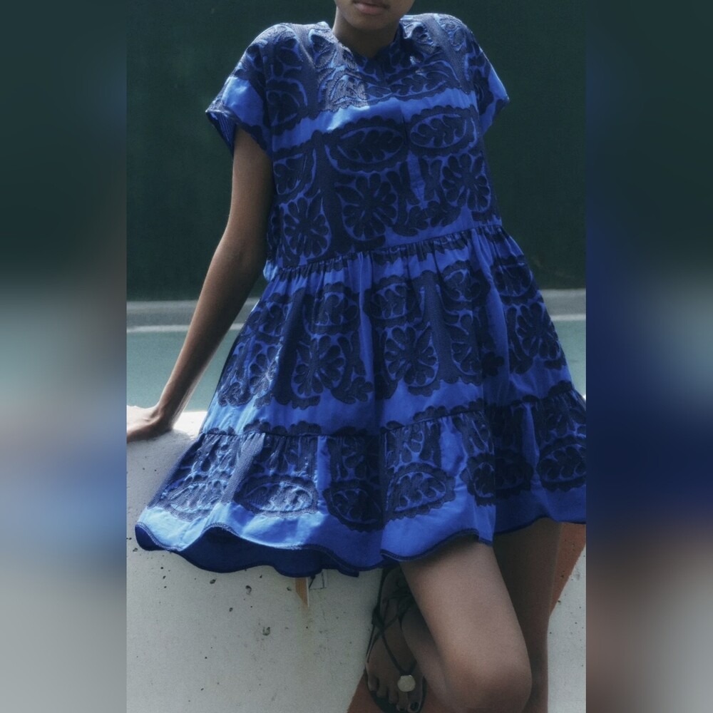 ZARA SHORT EMBROIDERED DRESS BLUE BLUISH RUFFLED XS,S,M,L,XL