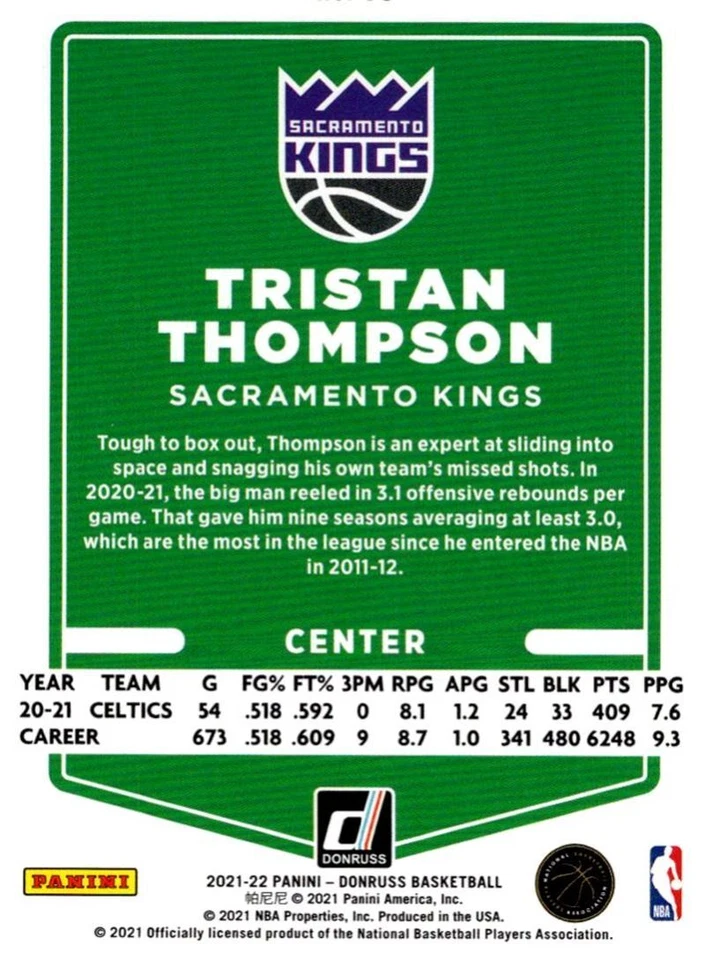 2021-22 Donruss Tristan Thompson Sacramento Kings #10 - Image 2 of 2