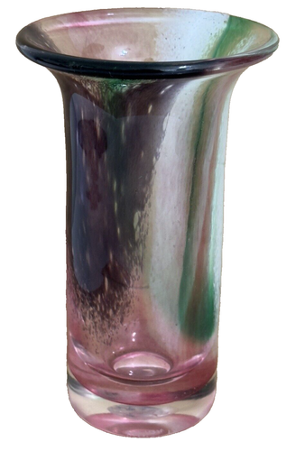 Vintage Eirian Studios 1995 Signed Art Glass Vase 5 1/2" Pink Multi Thick Heavy - Picture 3 of 7