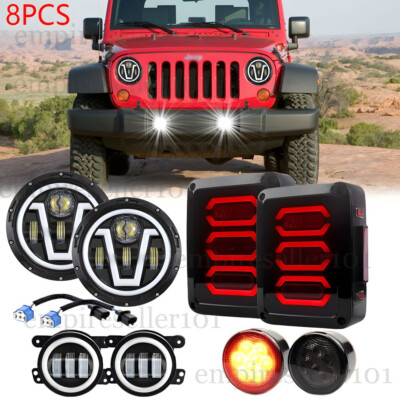 For Jeep JK 07-17 7'' Round Led Headlight Fog Lamp Turn Signal Tail Light Combo