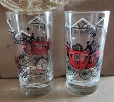 Vintage Libbey Glasses Black Red Horse and Coach Scene Set of 2