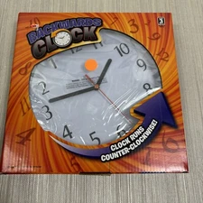 Funny Black Backwards Wall Clock (9") Large Numbers. Runs Counterclockwise