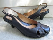 Sofft Callan Slingback Pumps Heels Womens Sz 7.5 Med Blk Leather Silver Trim EUC
