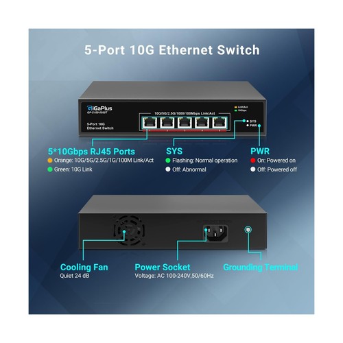 5-Port 10Gb Ethernet Switch Unmanaged with 5 x 10G RJ45 Ports, GiGaPlus 10Gbe... - Picture 2 of 7