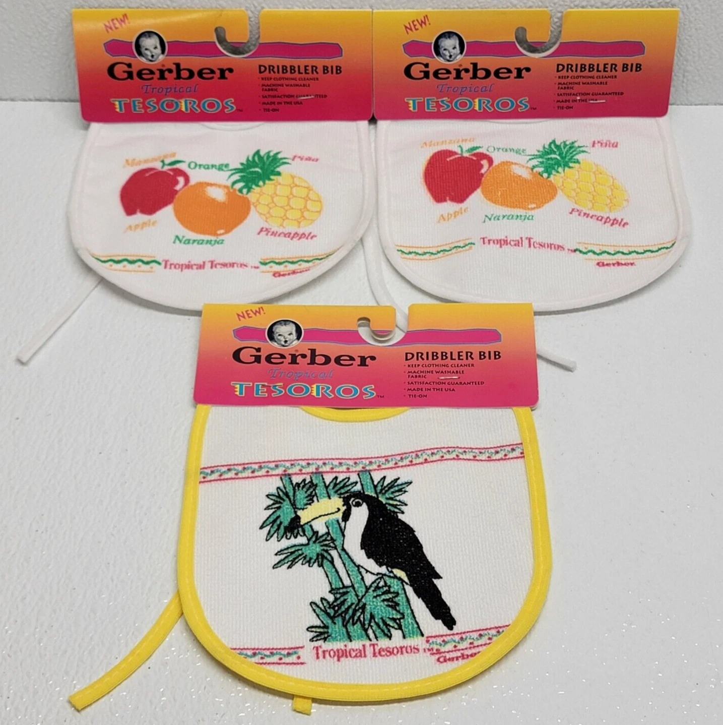 3 Vintage 1992 Gerber Baby Dribbler Bibs Tropical Tesoros - New NOS! Rare HTF