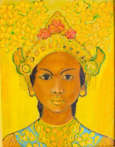 VINTAGE 1971 OIL PAINTING WOOD PANEL SIGNED BEAUTY BALINESE WOMAN W/ HEADDRESS - Picture 2 of 14