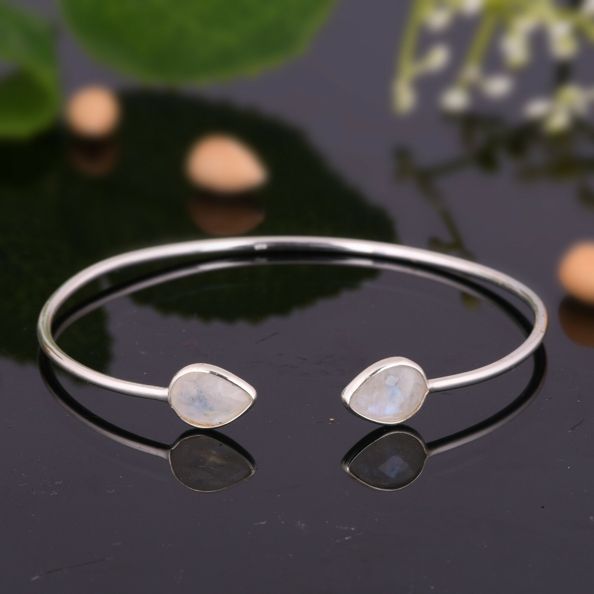 Pear Rainbow Moonstone Sleek Bangle 925 Sterling Silver Adjustable