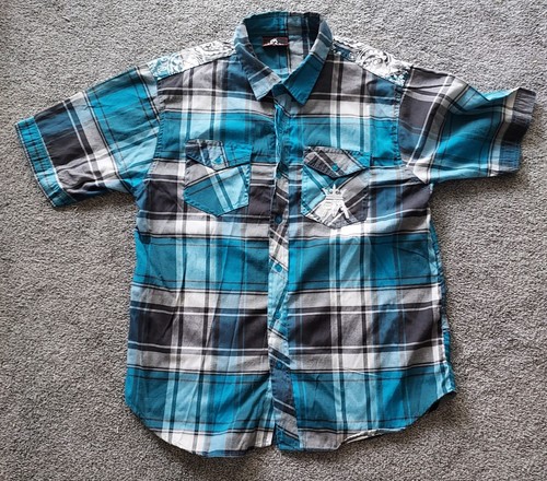 Red Ape Black Teal Plaid Short Sleeve Embroidered Shirt XLarge - Picture 1 of 10
