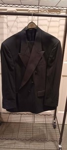 Vtg Men's Black Double Breasted Tuxedo Pierre Balmain Wool 52R Jacket, 47W Pants