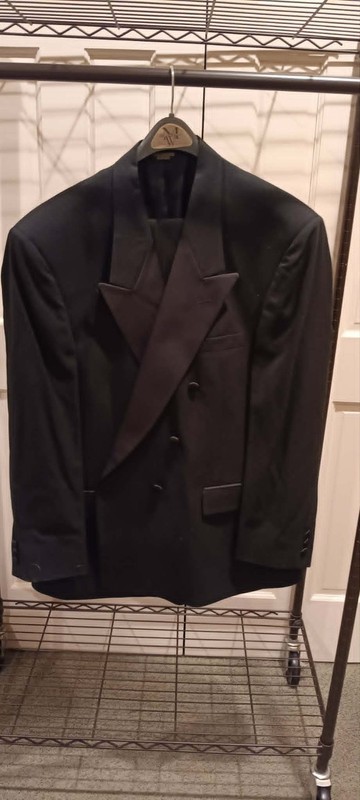 Vtg Men's Black Double Breasted Tuxedo Pierre Balmain Wool 52R Jacket, 47W Pants