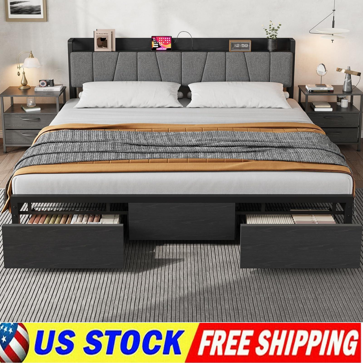 King Size Bed Frame Headboard Platform w/2 Storage Drawers and Charging Station