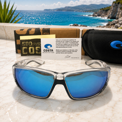 NEW Costa Del Mar Polarized Sunglasses Clear Frame Blue Mirror 580P UV400