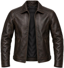 Men's Dark Brown Genuine Leather Biker Jacket Zip Up Shirt Collar Zip Pockets