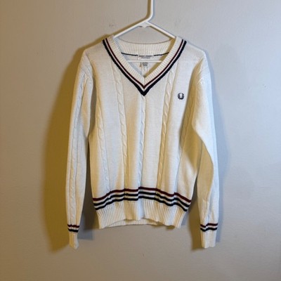 Fred Perry Sportswear Vintage White Cable Knit Cricket V-Neck Sweater Mens M