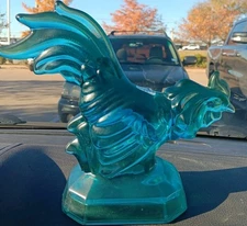 L E Smith fighting rooster cock Turquoise glass vintage mcm farmhouse 
