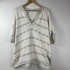 Vince Womens M/L Striped Waffle Knit Sweater Cream Cotton Blend Tunic Oversized