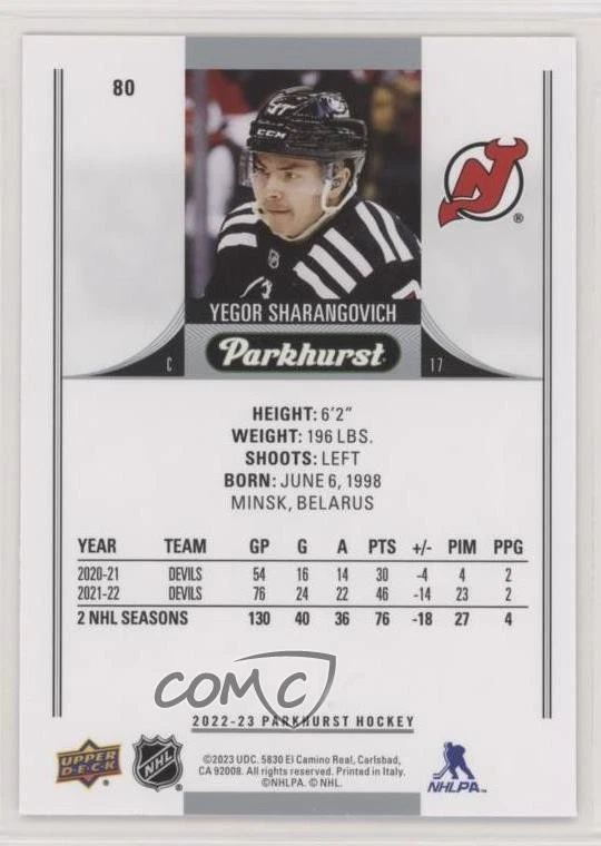 2022-23 Upper Deck Parkhurst Bronze Border Yegor Sharangovich #80 - Image 2 of 2