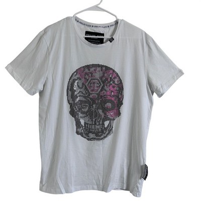 Phillip Plein Homme Crystal Embellished Skull Print T-shirt Men's XXL White Goth