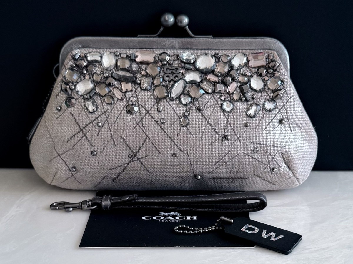 COACH スパンコール クラッチバッグ 黒と銀 COACH METALLIC SILVER SHEEN BURLAP KISSLOCK FRAME CLUTCH