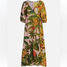 FARM Rio Multicolor Tropical Floral Wrap Midi Dress XS V-Neck Puff 3/4 Tie