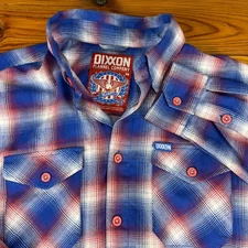 Dixxon Flannel Company Glory Shirt Large Red White Blue Plaid Long Sleeve