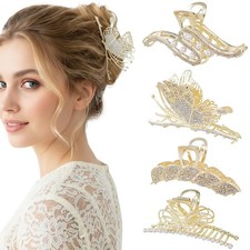 4Pcs Large Metal Hair Claw Clips with Rhinestones  Pearls, Non-Slip Waves-bu...