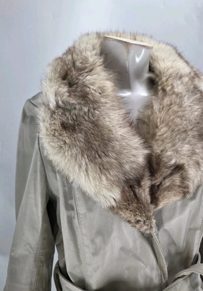 Peter Caruso Women's Coat Medium Vintage Cream Fox Fur Collar Leather Trench... - Изображение 3 из 4