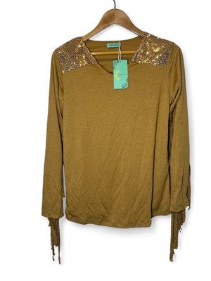 Sunshine & Rodeos Daven Fringe Sequin Top Long Sleeve Brown Small Western Rodeo