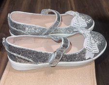 Girls Silver Glitter Mary Jane Flats Buckle Strap Bow Round Toe US 4