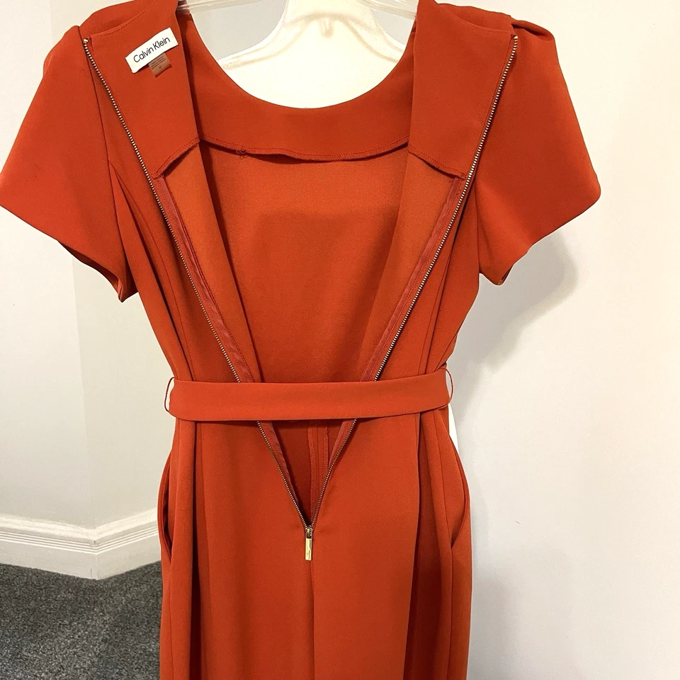 Calvin Klein Jumpsuit Womens 12 Cropped Flutter Sleeve Pockets Dark Ginger - Image 3 of 4