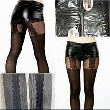 BLACK mock Stocking Suspender Patterned Tights One Size