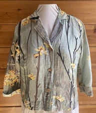 CITRON Santa Monica Asian Size PS Floral Shirt Green Silk Linen 3/4 Slv Button