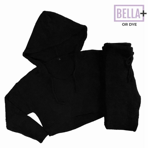 WOMAN'S SOLID BLACK FLUFFY LOUNGE SET HOODIE TOP HIGH WAIST PANTS SET COZY SET - Picture 3 of 3