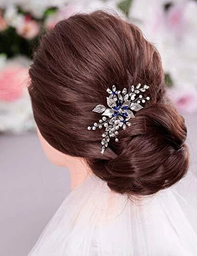 Aimimier Bridal Sapphire Crystal Hair Comb Pearl Blue Crystal Leaf Marquise - Image 3 of 4